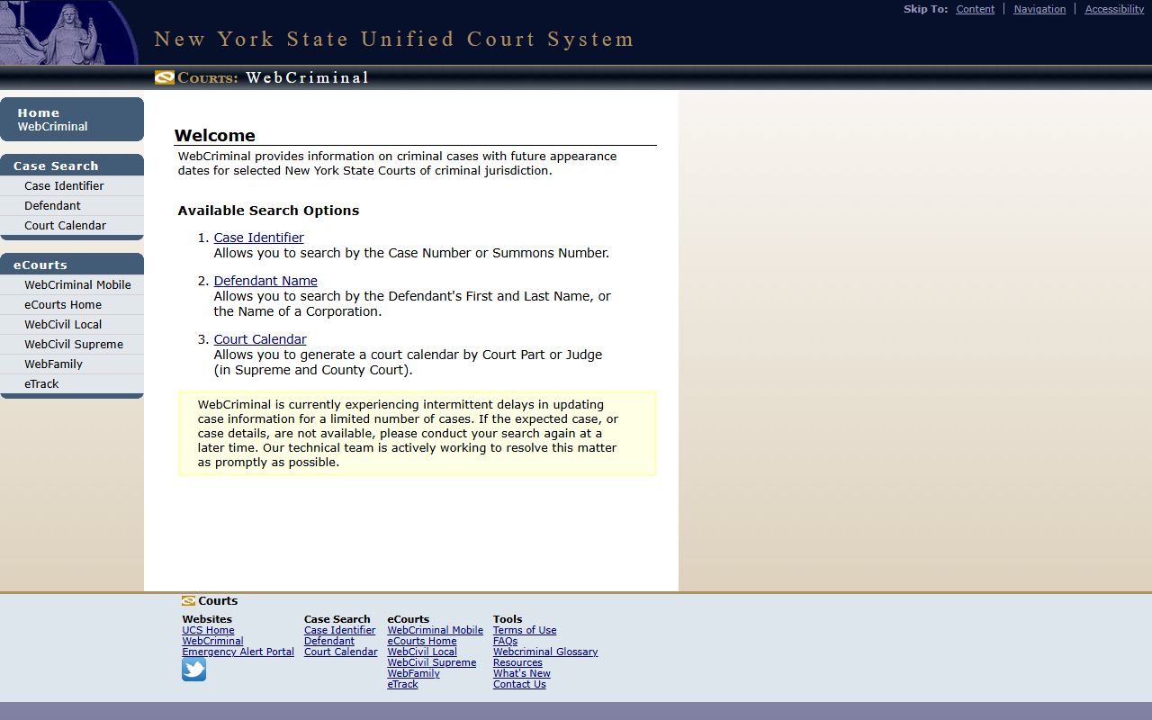 New York WebCrims search modes for Yates County court records after arrest